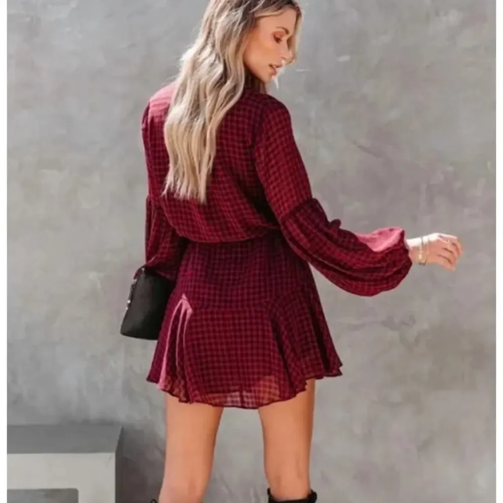 VICI Red & Black Gingham Plaid Long Sleeve Mini Dress Drawstring Waist Sz S NWOT
